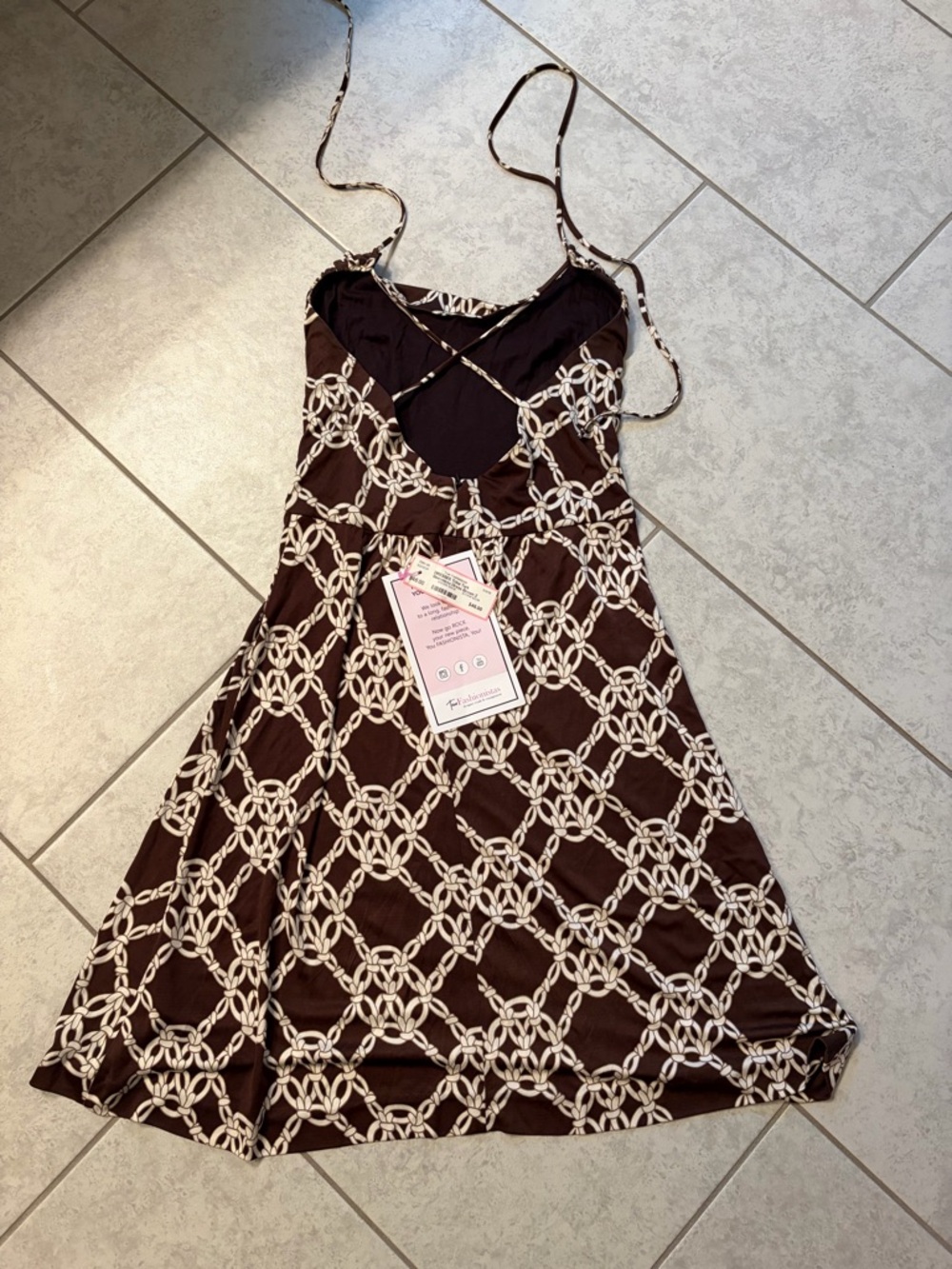 Trina Turk Brown & Cream Chain-Print Spaghetti Strap Dress
